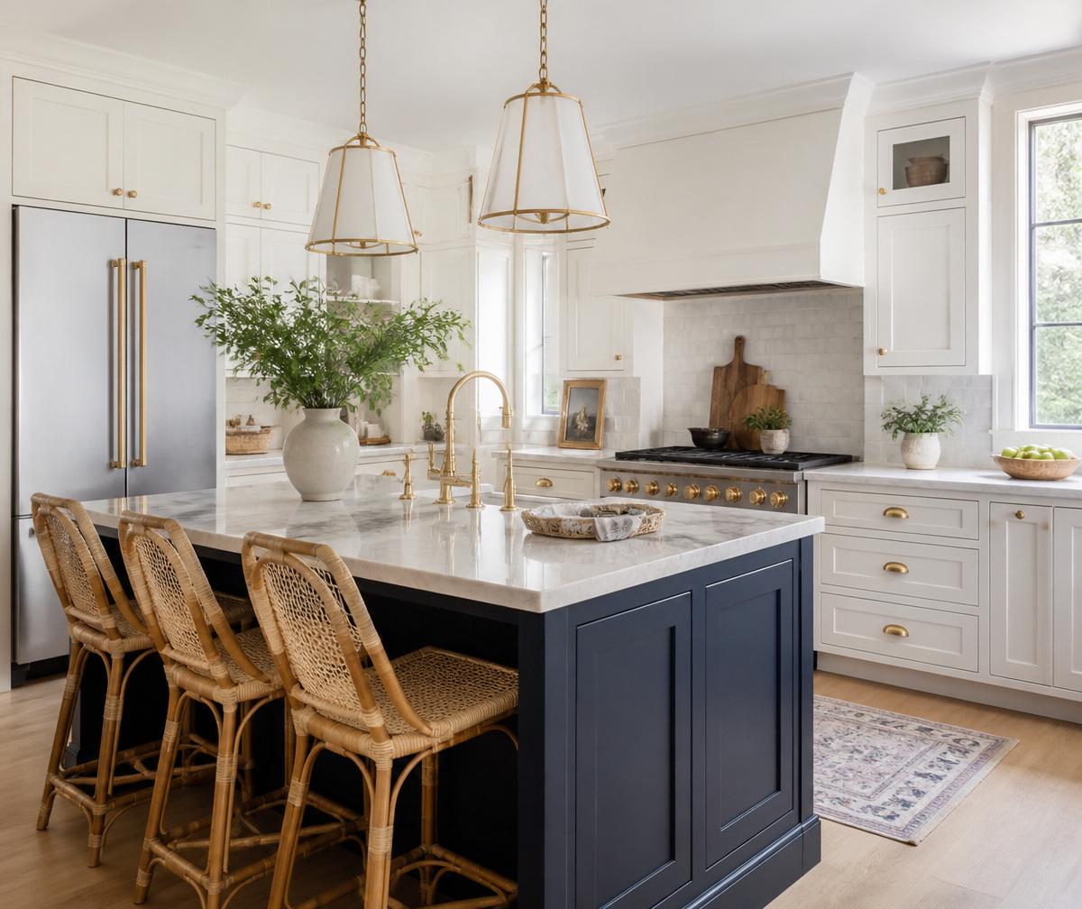 Recently completed kitchen with navy island and gold accents